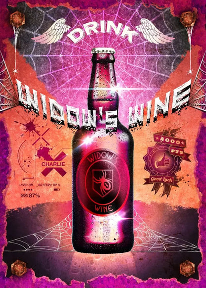 Widow's Wine bottle with Halloween-themed design elements on a purple background