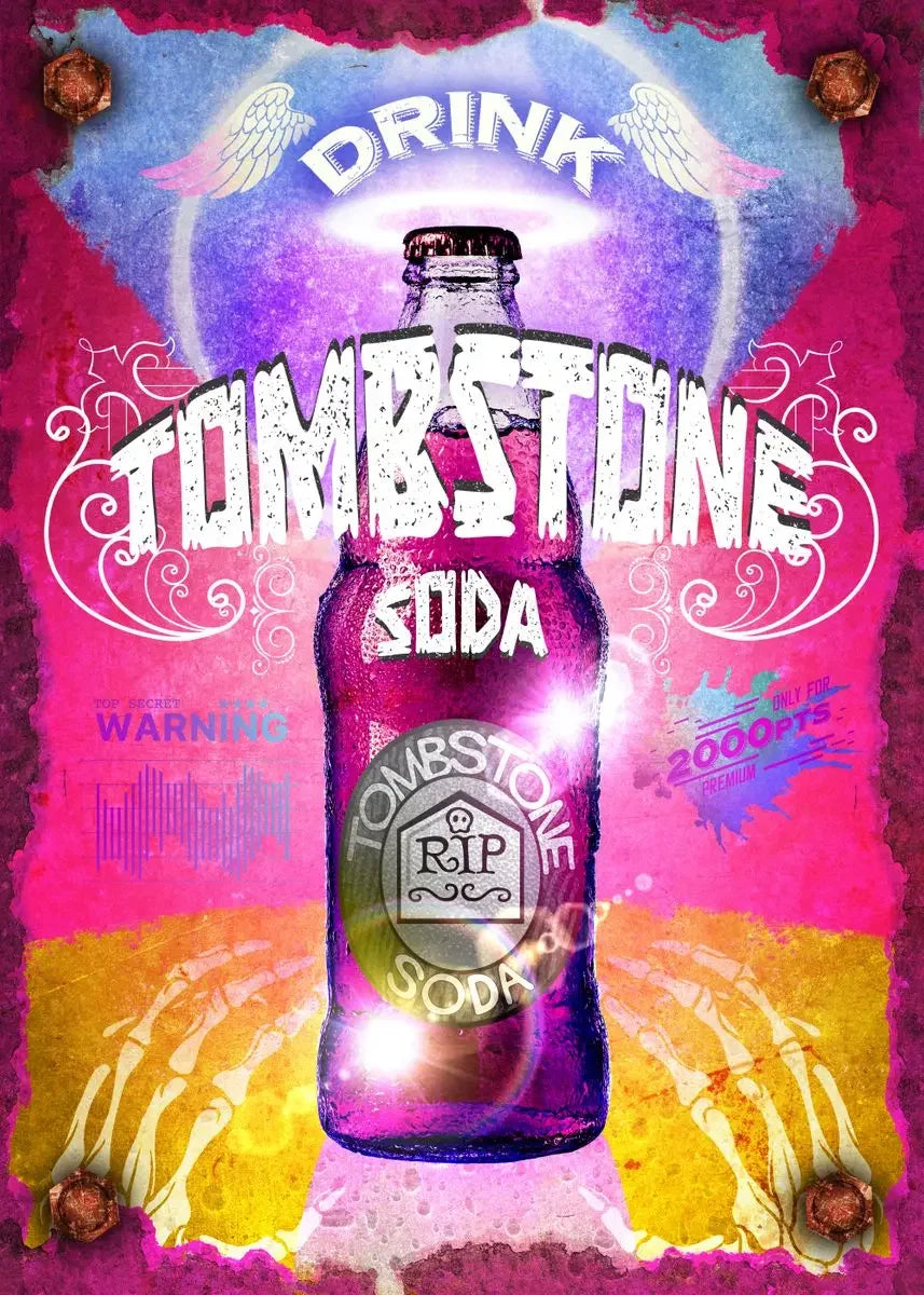 Tombstone soda bottle with colorful and stylized background