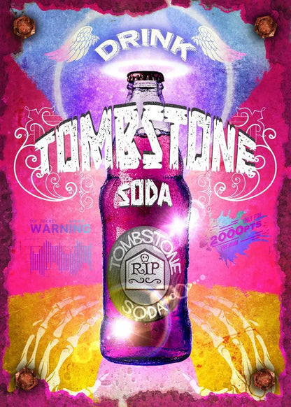 Tombstone soda bottle with colorful and stylized background