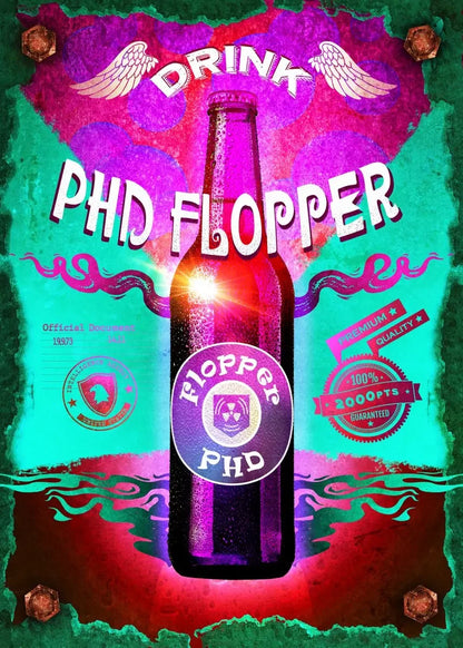 Bottle labeled 'PHD Flopper' with colorful text and graphics on a vibrant background