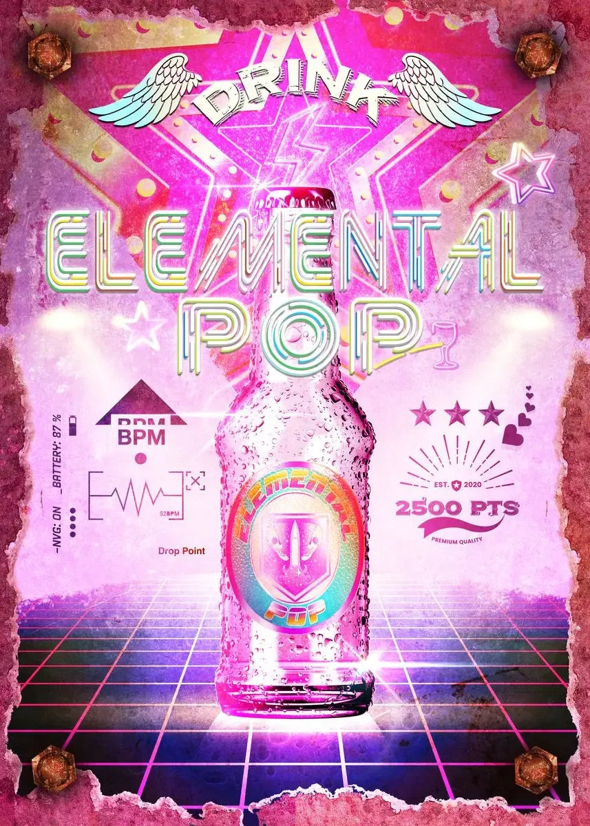 Vibrant poster with a bottle labeled 'Elemental Pop' on a retro-themed background.