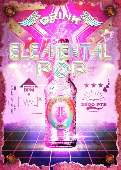 Vibrant poster with a bottle labeled 'Elemental Pop' on a retro-themed background.