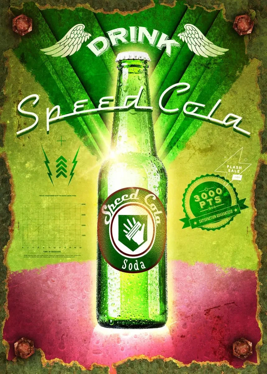 Vintage-style advertisement for Sliced Cola with a green bottle and distressed background.