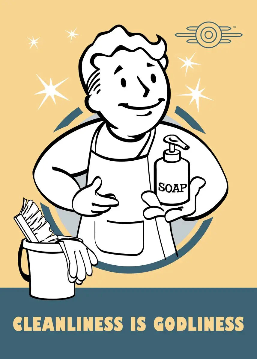 Cartoon character holding a bottle of soap with text 'Cleanliness is Godliness' on a beige background