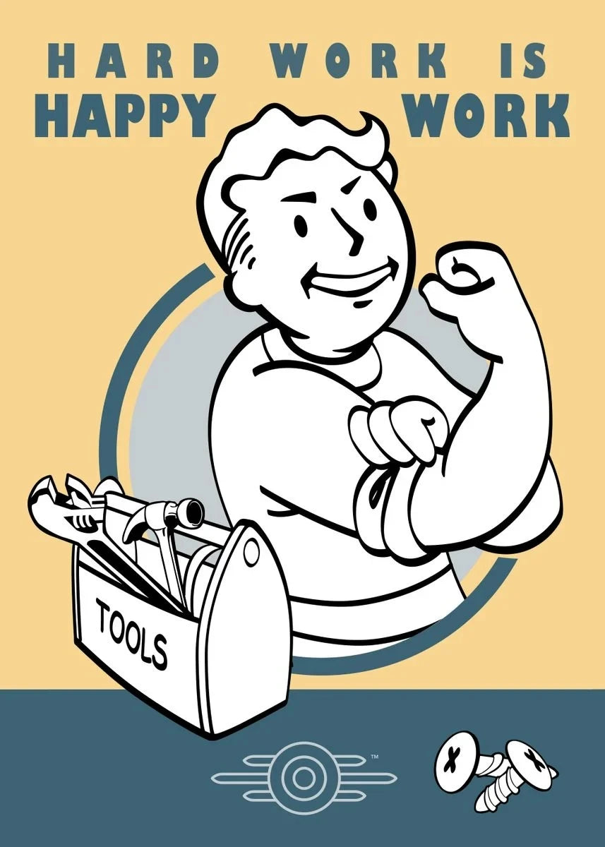 Cartoon character flexing muscles with a toolbox and screw, and text 'Hard work is happy work' on a beige and blue background.