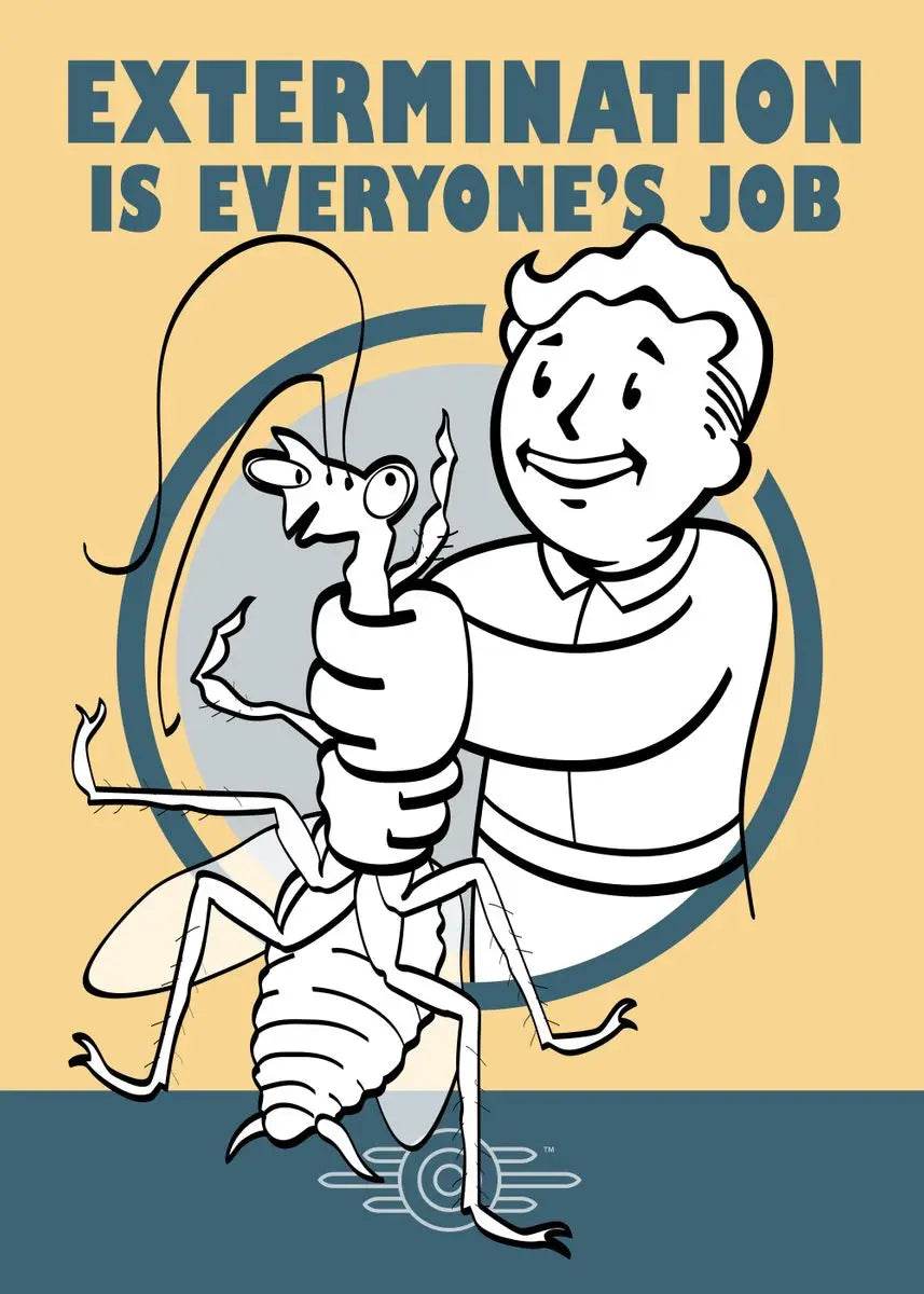 Cartoon character holding a praying mantis with text 'Extermination is everyone's job' on a beige background
