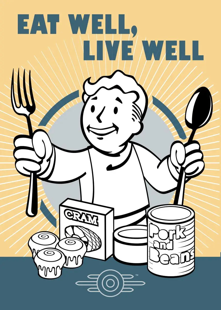Cartoon character holding a fork and spoon with food items and 'Eat Well, Live Well' text on a yellow and blue background.