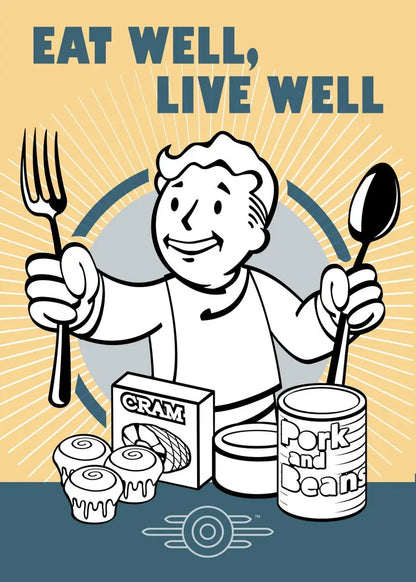 Cartoon character holding a fork and spoon with food items and 'Eat Well, Live Well' text on a yellow and blue background.