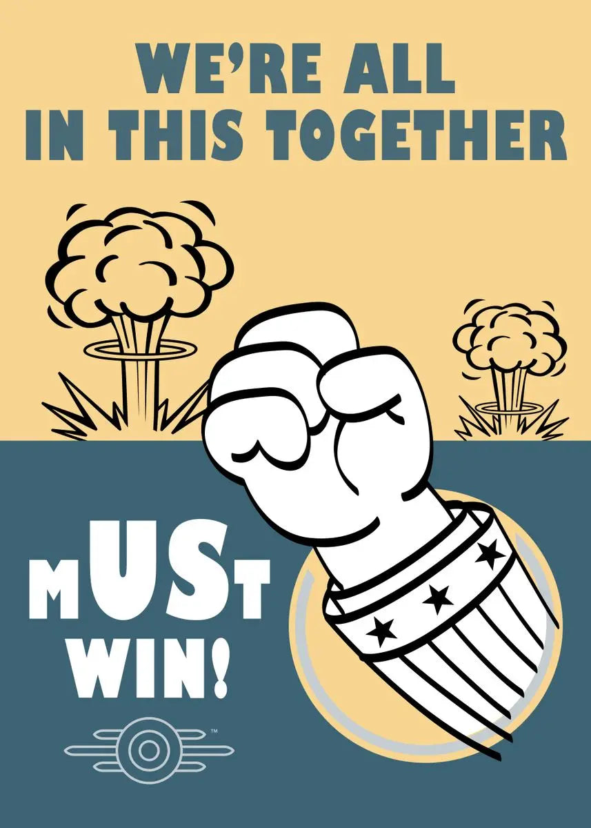 Cartoon character with text 'We're all in this together, Must Win!' on a yellow and blue background