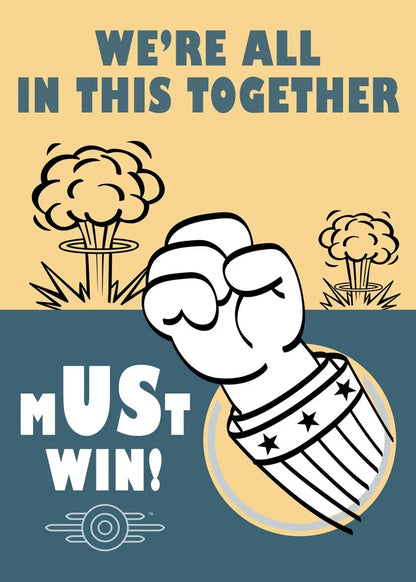 Cartoon character with text 'We're all in this together, Must Win!' on a yellow and blue background