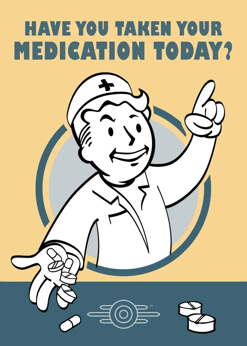 Cartoon character in a medical outfit with text 'Have you taken your medication today?' on a beige and blue background.