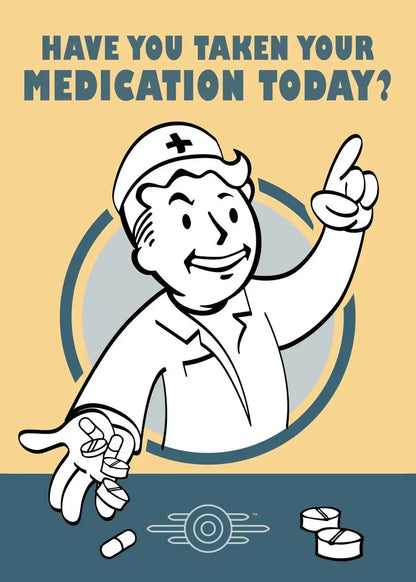 Cartoon character in a medical outfit with text 'Have you taken your medication today?' on a beige and blue background.