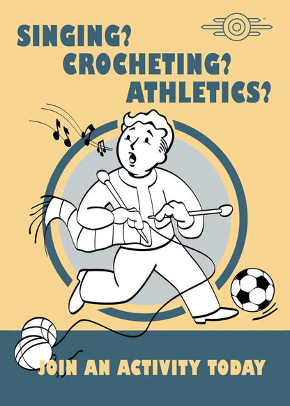 Cartoon character engaging in various activities with text about joining an activity today on a beige and blue background.