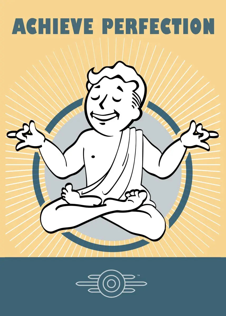 Illustration of a meditating figure with 'Achieve Perfection' text on a yellow and blue background