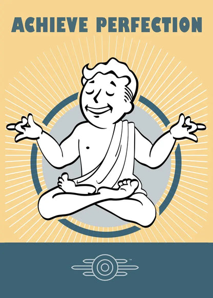 Illustration of a meditating figure with 'Achieve Perfection' text on a yellow and blue background