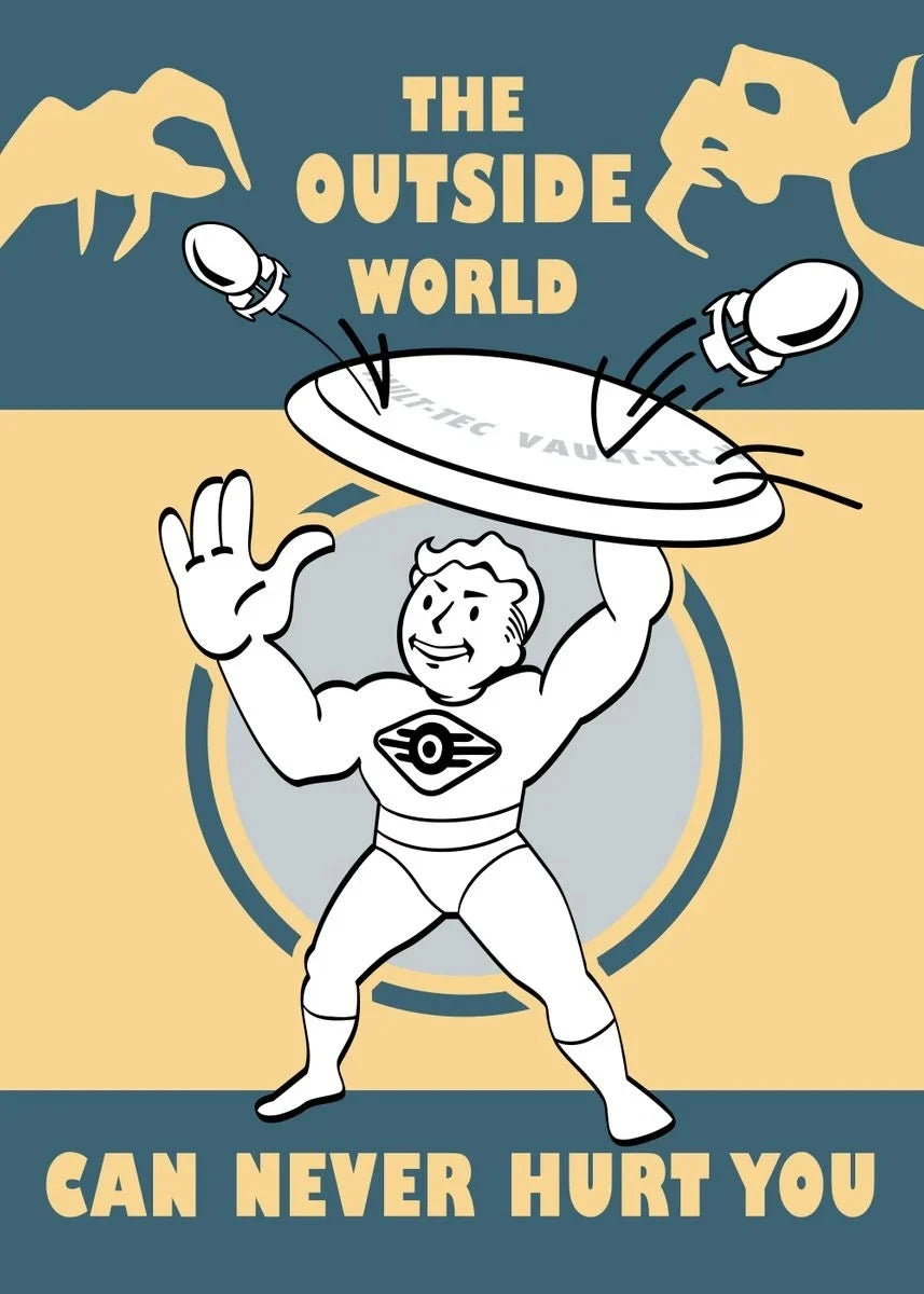 Cartoon character with a shield and text about the outside world