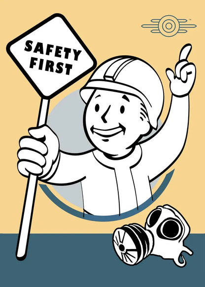Cartoon character in a hard hat holding a 'Safety First' sign with a gas mask on a beige background.