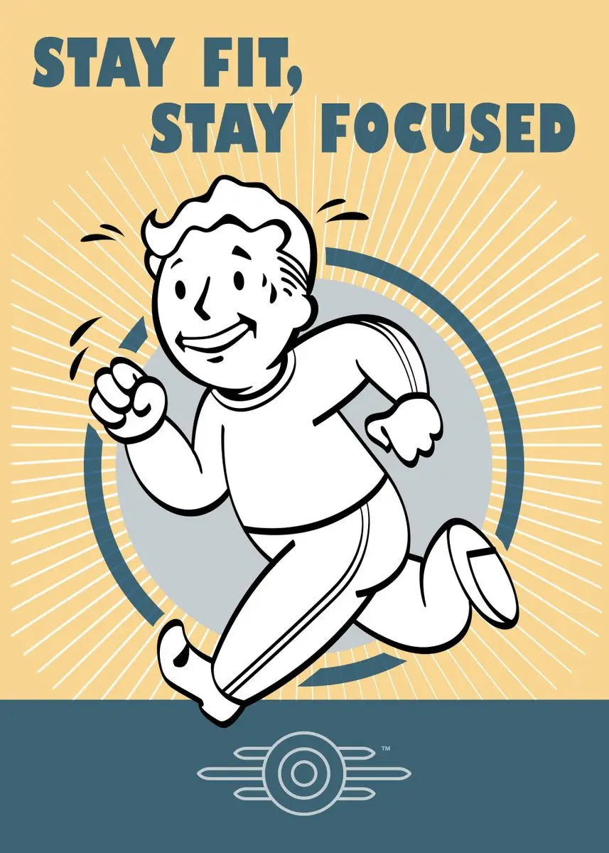 Motivational poster with a running person and 'Stay Fit, Stay Focused' text on a yellow and blue background.