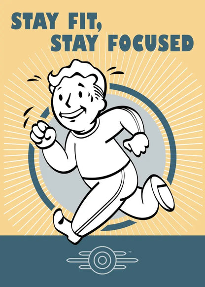 Motivational poster with a running person and 'Stay Fit, Stay Focused' text on a yellow and blue background.
