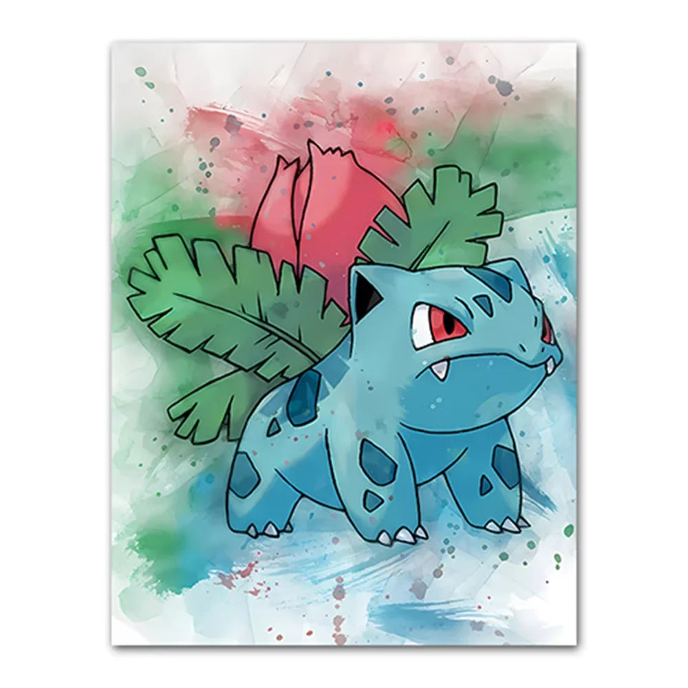 Cartoon character with green leaves on a colorful background