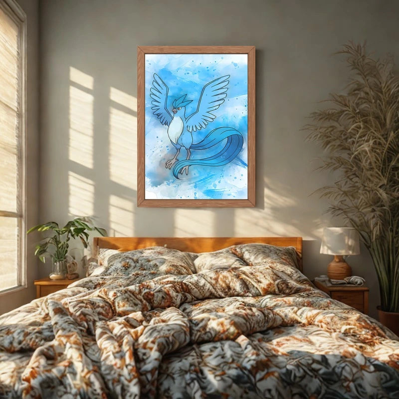 An image of a framed anime character on top of a bed.