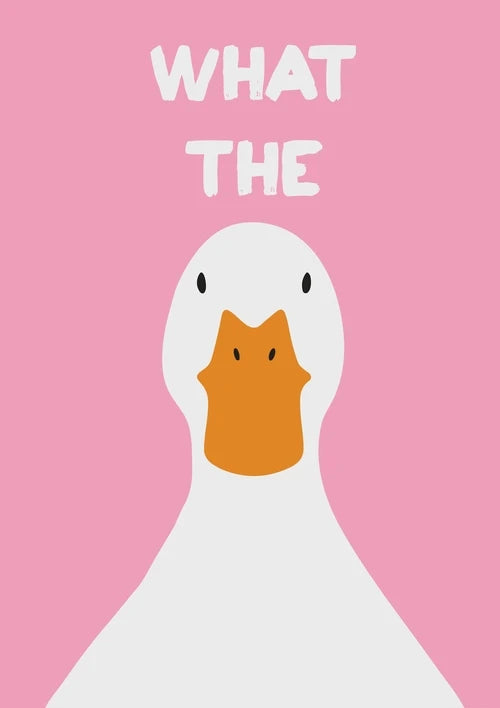 Cartoon duck with a surprised expression on a pink background with text 'WHAT THE'.