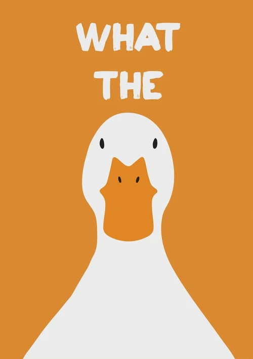 Cartoon duck with 'WHAT THE' text on a brown background