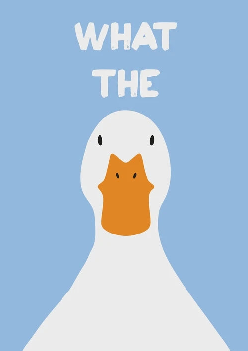 Cartoon duck with a surprised expression on a blue background with text 'WHAT THE'.