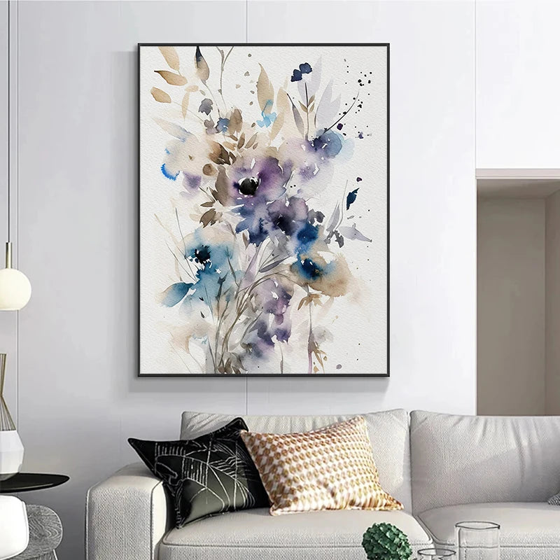 Framed abstract floral artwork on a wall above a sofa with decorative pillows.