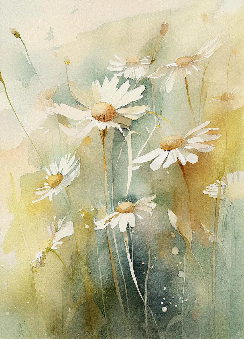 Artistic depiction of daisies with a soft, watercolor texture.