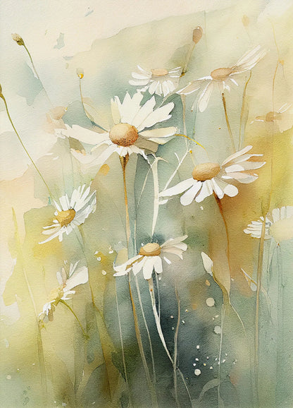 Artistic depiction of daisies with a soft, watercolor texture.