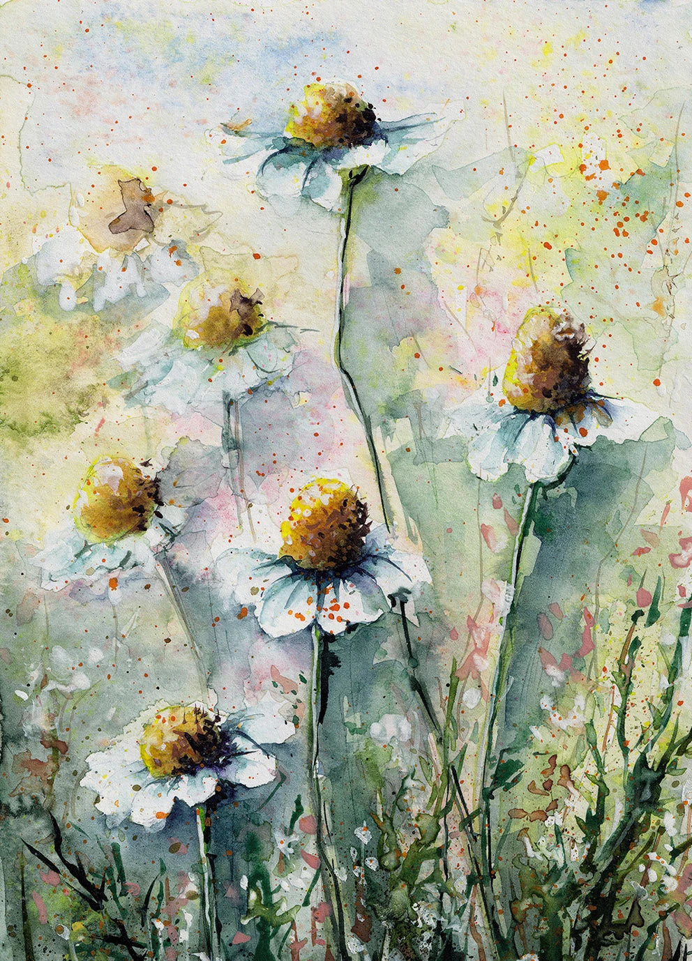 Watercolor painting of wildflowers with a soft, multicolored background