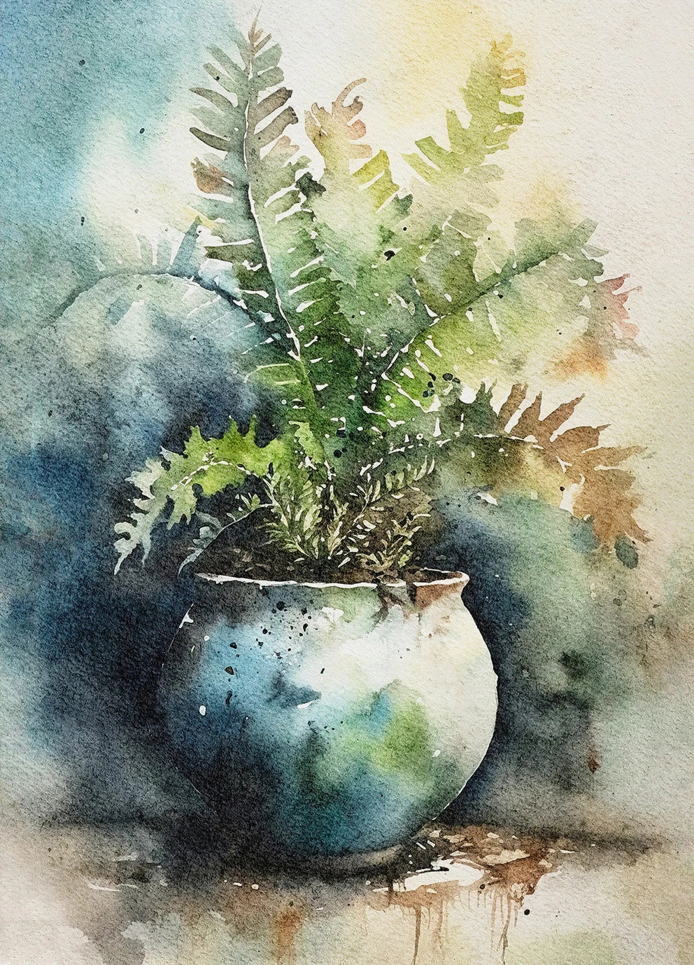 Watercolor painting of a potted fern with a textured background
