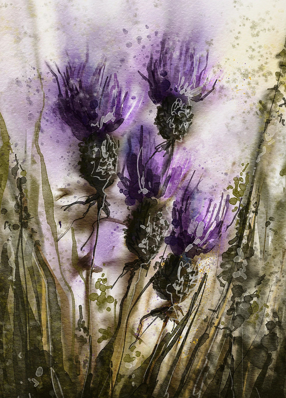 Artistic depiction of purple flowers with a textured background