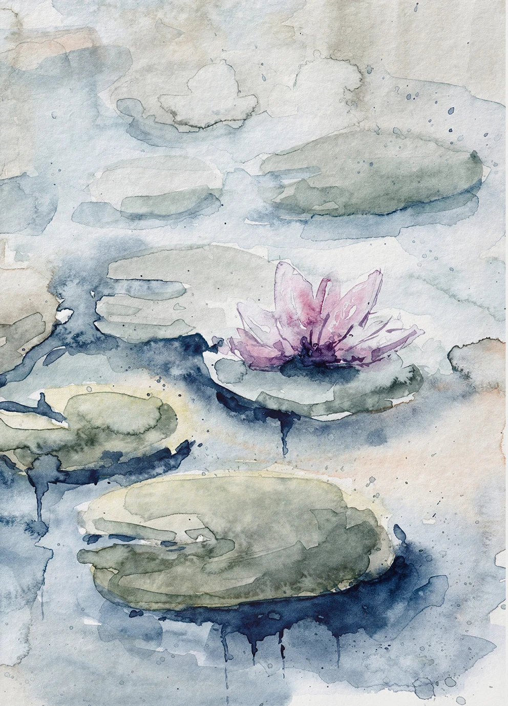 Watercolor painting of a pink water lily surrounded by green lily pads on a light blue background.