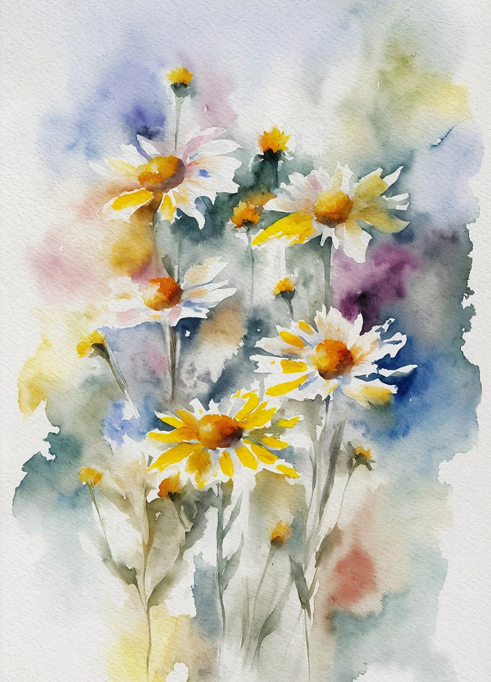 Watercolor painting of yellow and white flowers on a light background