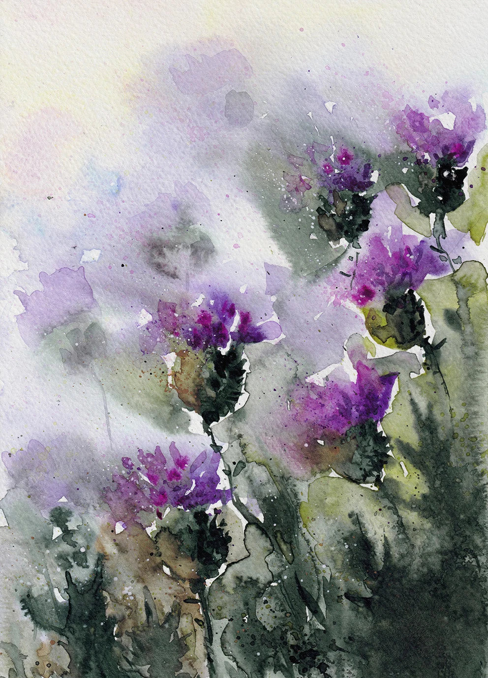 Watercolor painting of purple flowers with a soft, blurred background