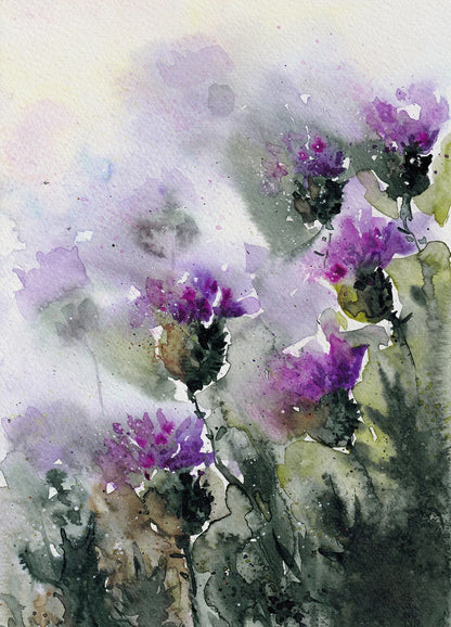 Watercolor painting of purple flowers with a soft, blurred background