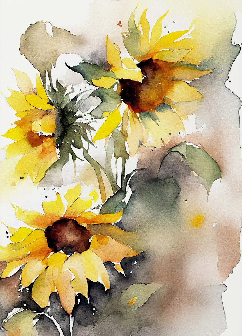 Watercolor painting of sunflowers with a soft, blurred background