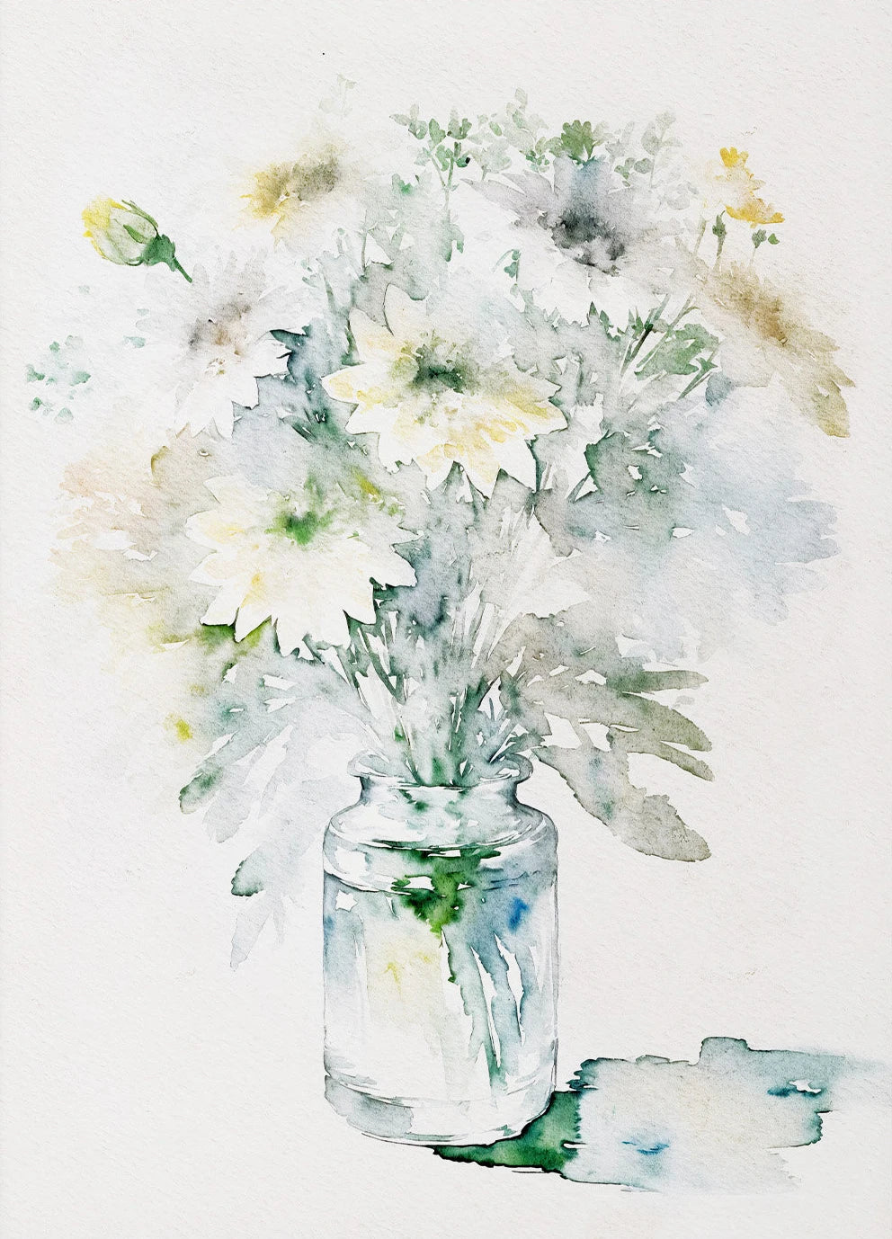 Watercolor painting of a jar with flowers on a white background