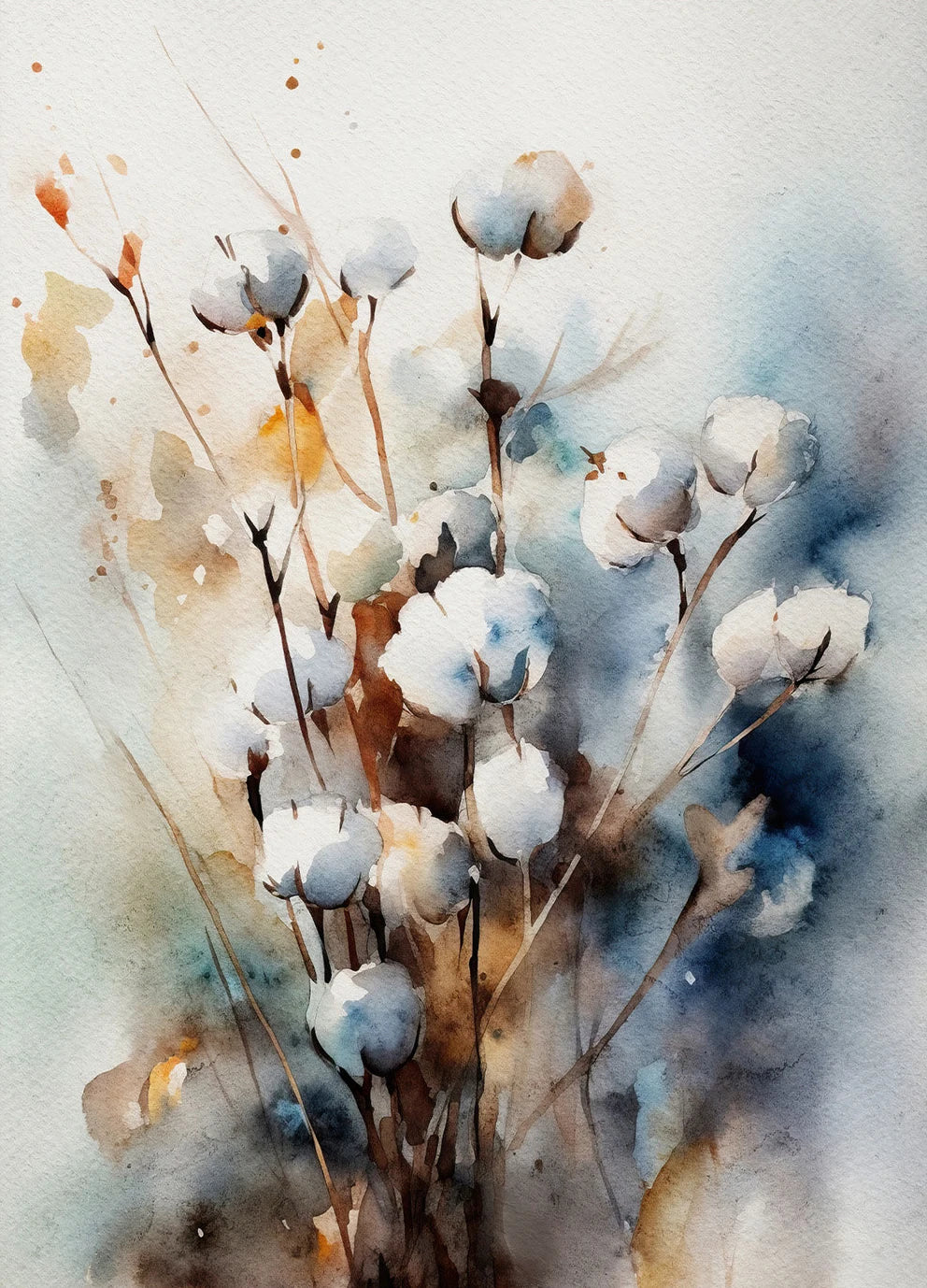 Artistic depiction of cotton plants with watercolor textures on a light background