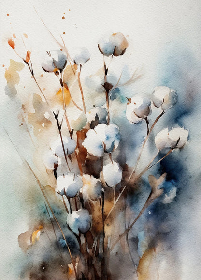Artistic depiction of cotton plants with watercolor textures on a light background