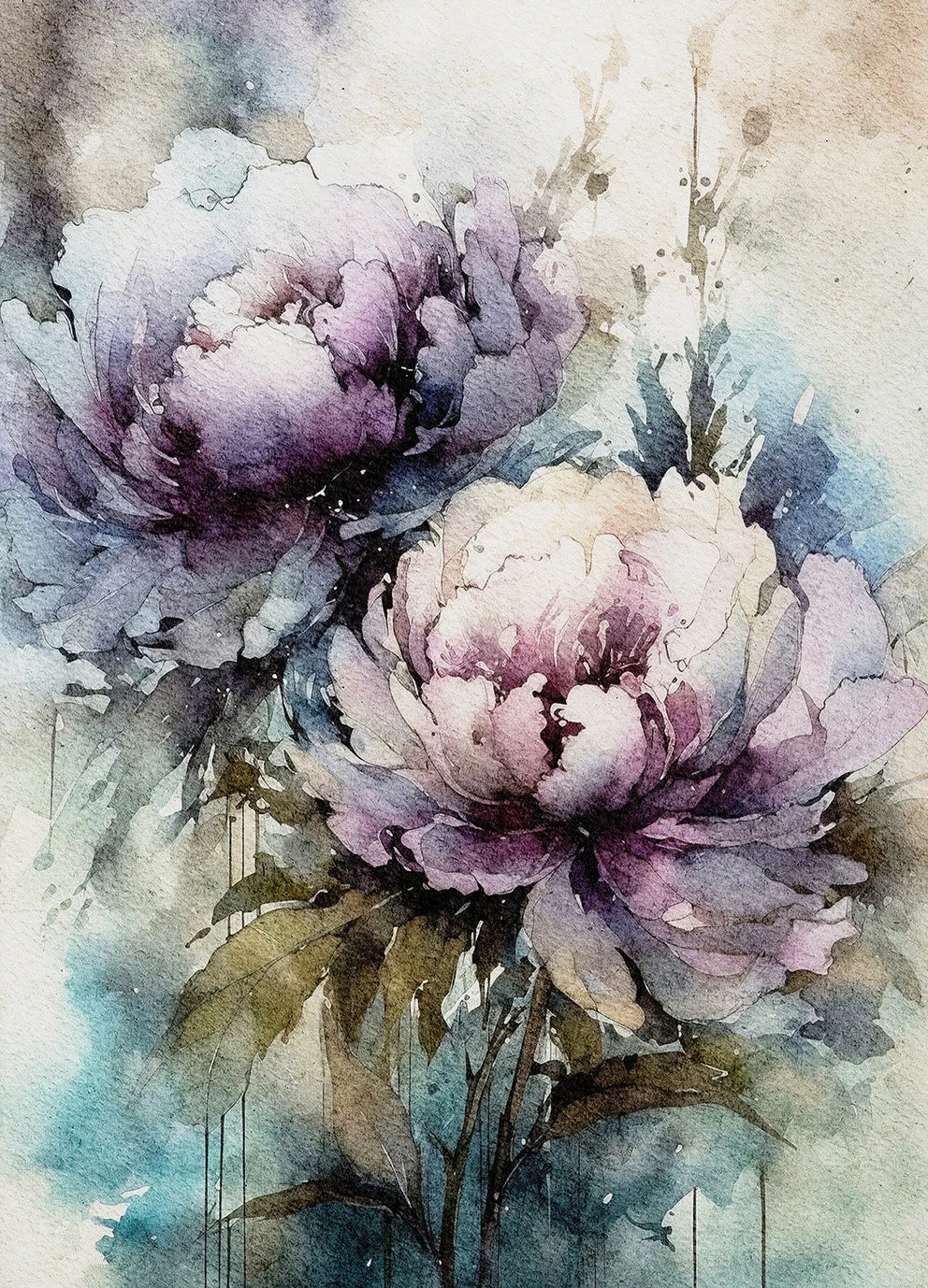 Watercolor painting of pink and purple flowers with a textured background