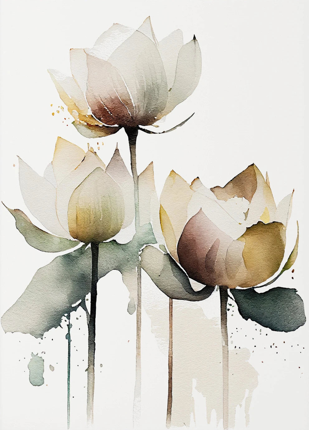 Artistic depiction of three lotus flowers with watercolor textures on a light background