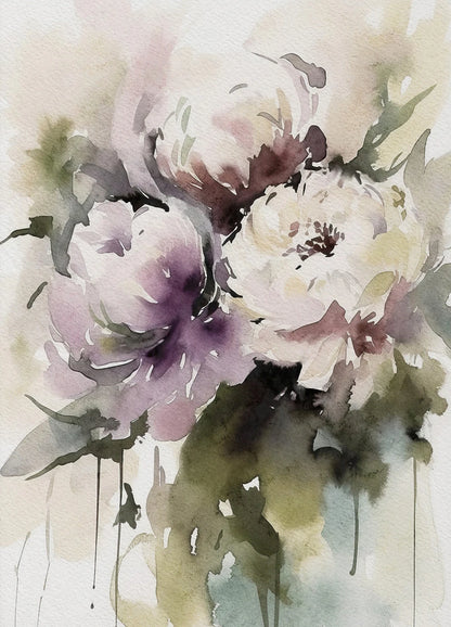 Watercolor painting of flowers with soft pastel colors on a light background