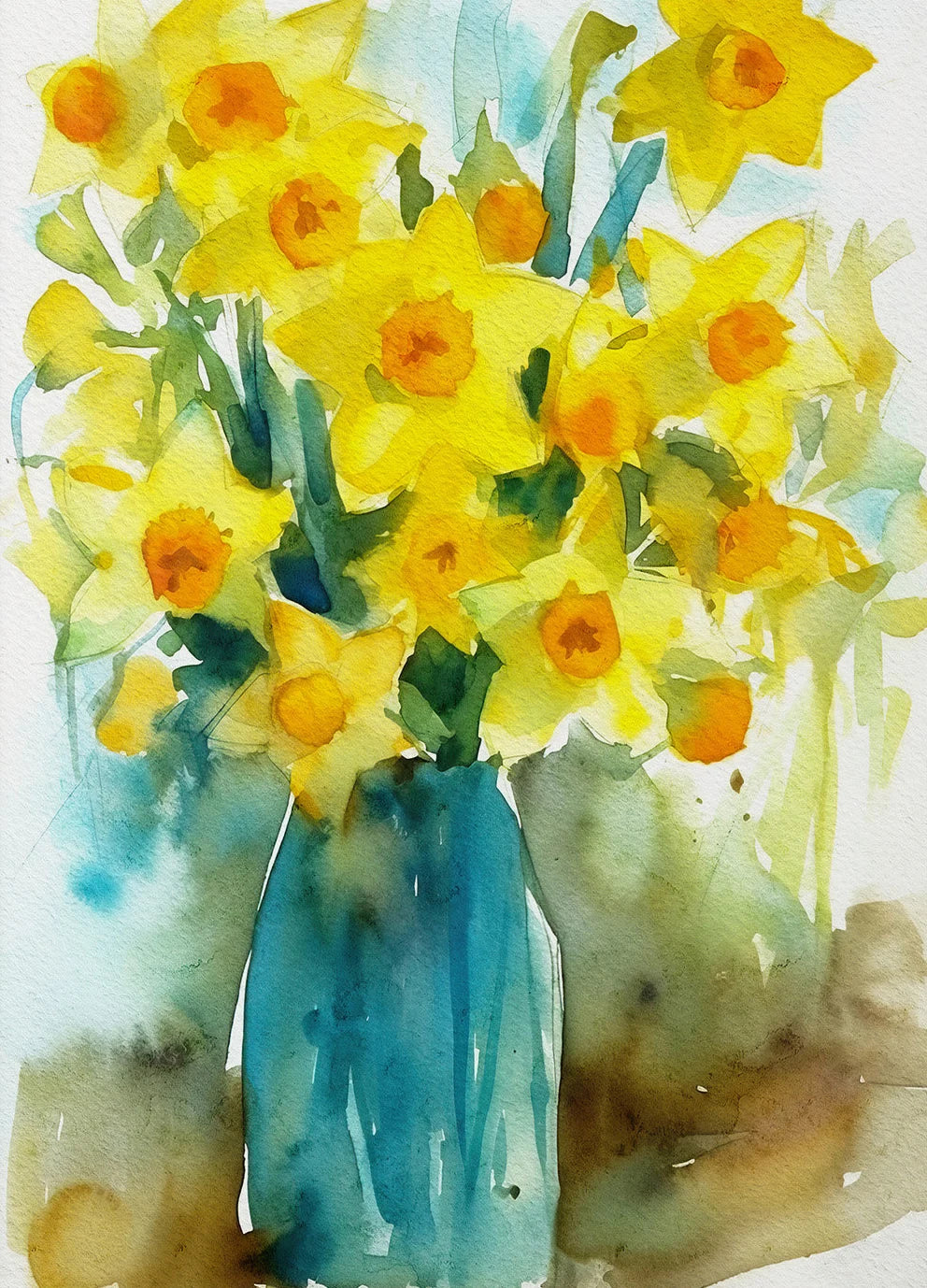 Watercolor painting of yellow flowers in a blue vase