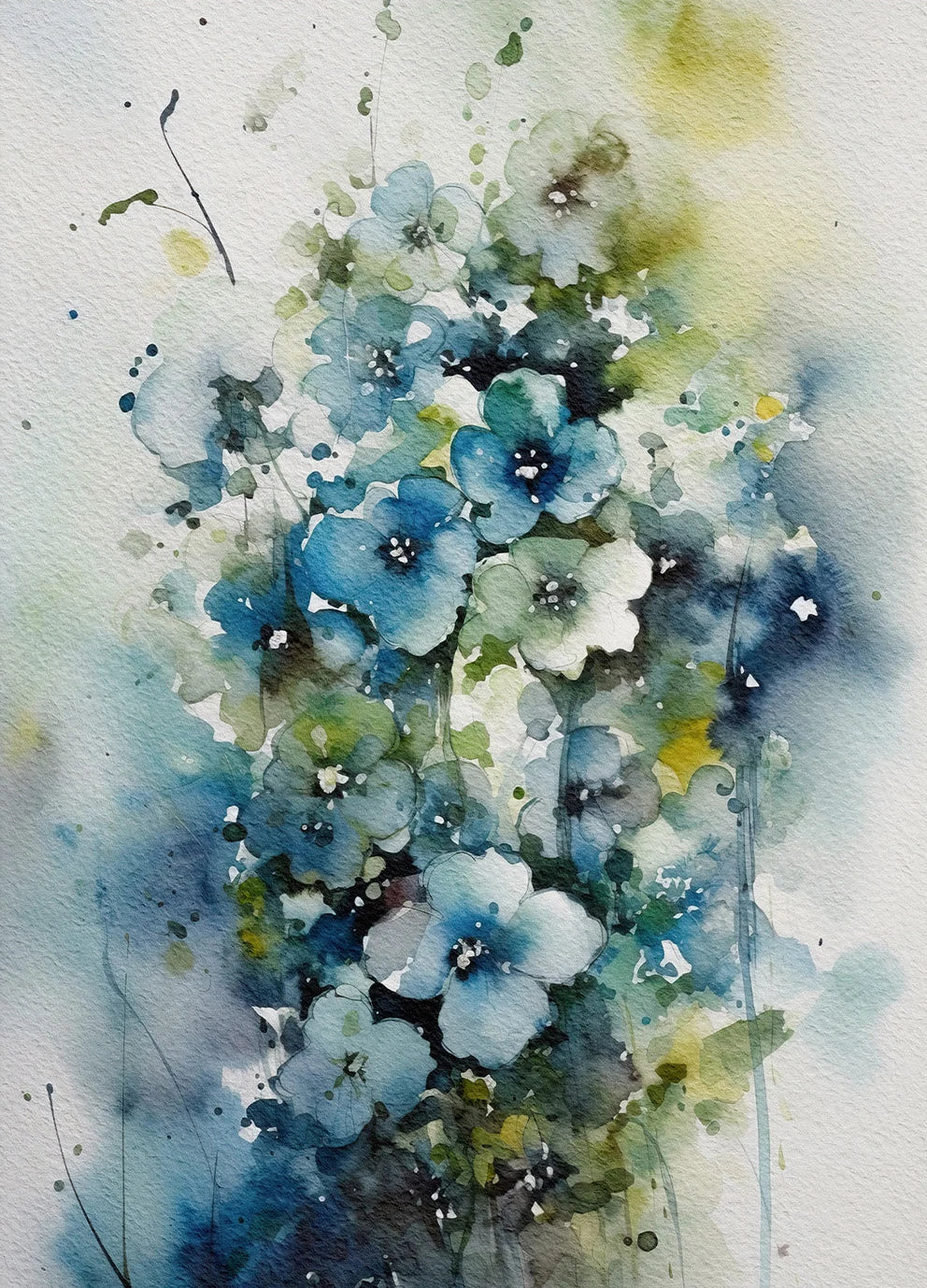 Watercolor painting of blue and white flowers on a light background