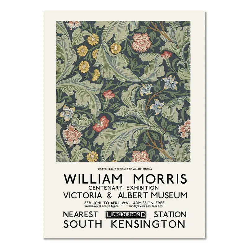 Poster with floral design and text about William Morris exhibition at Victoria & Albert Museum
