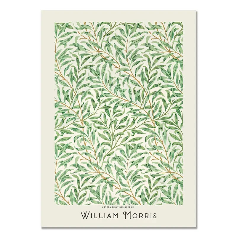 Cotton print with green leaf pattern and 'William Morris' branding on a white background