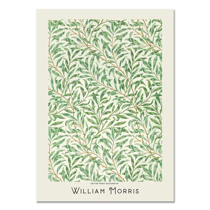 Cotton print with green leaf pattern and 'William Morris' branding on a white background